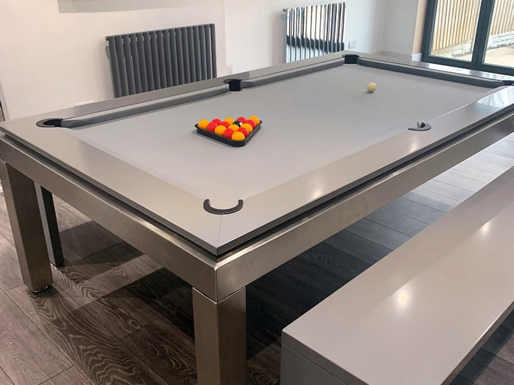 Manhatten 7ft Pool Table. Grey top rail with metallic body and legs. Grey Cloth.