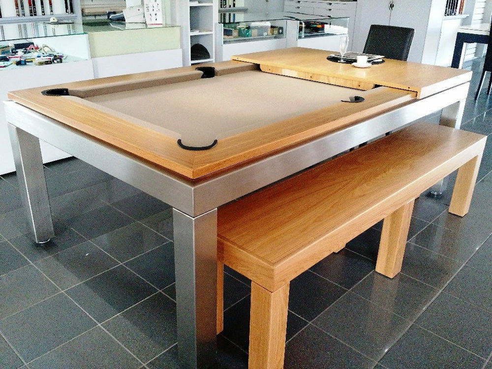 Modern Manhatten 7ft Pool Table. Wooden top rail with metallic body and legs. Pool dining table. Pool table diner. One dining section in position.