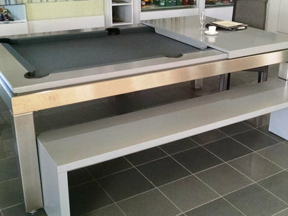 Manhatten 7ft Pool Table. Grey top rail with metallic body and legs. One dining section in place.