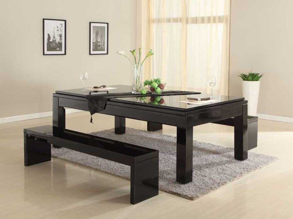 Beautiful Pool Table diner with sectional dining top pieces in place. Pool Dining Table. Black Pool Dining table.