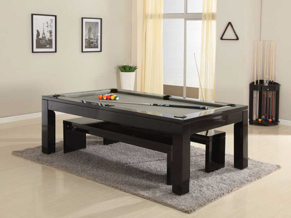 Pool table diner comes with a 7′ x 4′ slate bed and grey cloth. Image shows sectional dining tops removed. Pool Dining Table. Black Pool Dining table.