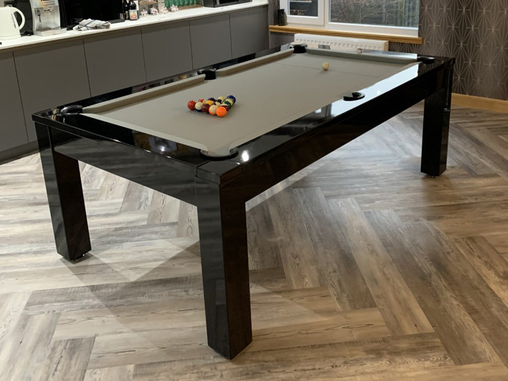 Installed pool table diner with sectional pieces removed. Stunning grey cloth. Pool Dining Table. Black Pool Dining table.