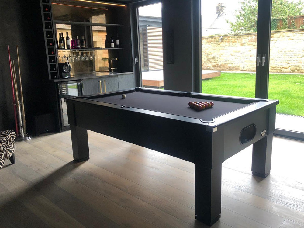 Matt Black Square Leg Pool Table angled shot with garden visible in background