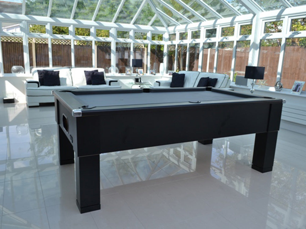 Matt Black Square Leg Pool Table in a stunning conservatory.