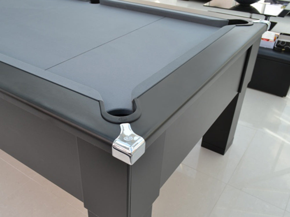 Angled shot of chrome corners on a Matt Black Square Leg Pool Table.
