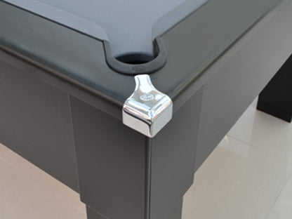 Close up of chrome corners on a Matt Black Square Leg Pool Table.