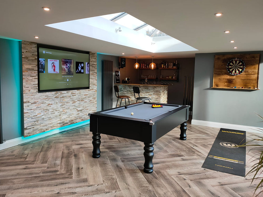 British made, solid-wood turned leg 7ft pool table uk table, featuring chrome corners and stunning modern matt finish. Compliments the modern games room.