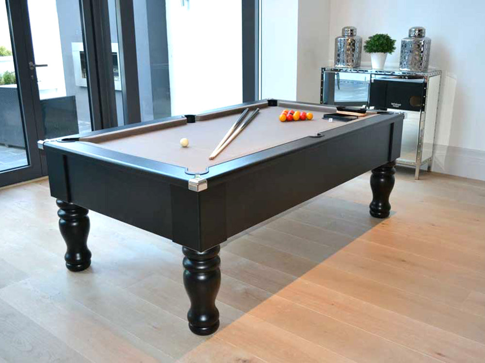 British made, solid-wood turned leg pool table, featuring chrome corners and stunning modern matt finish. Silver cloth.