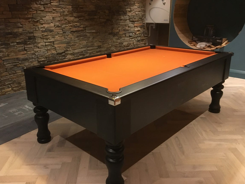 British made, solid-wood turned leg pool table, featuring chrome corners and stunning modern matt finish. Beautiful Orange classic cloth.