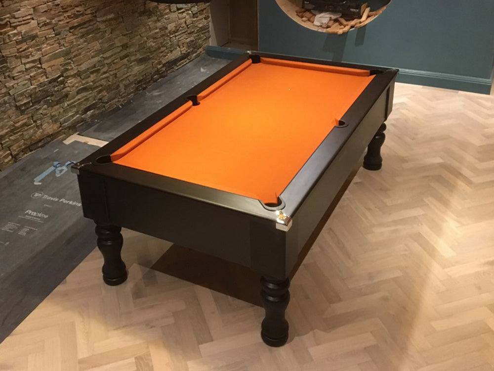 British made, solid-wood turned leg pool table, featuring chrome corners and stunning modern matt finish. Orange cloth Finish.
