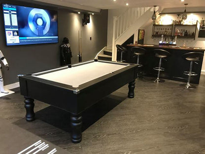 British made, solid-wood turned leg pool table, featuring chrome corners and stunning modern matt finish. 
