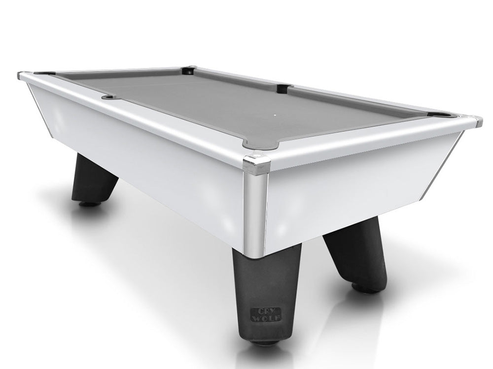 7ft White outdoor pool table with chrome corner detail and grey cloth