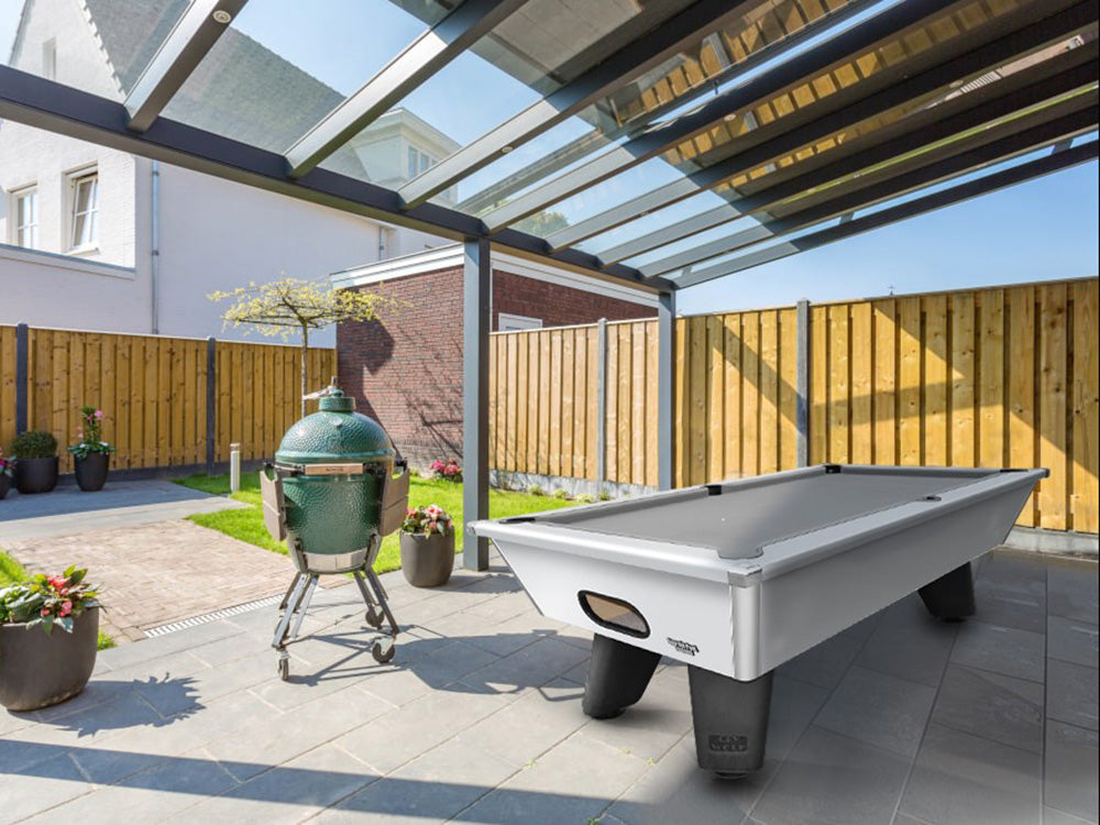 7ft White outdoor pool table in position in garden setting.