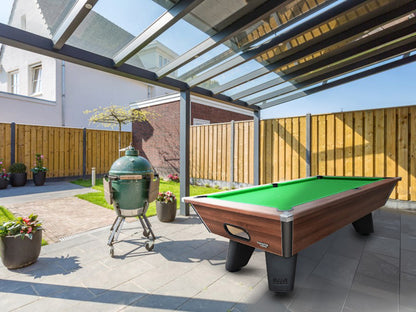 Dark Walnut 7ft Outdoor Pool Table in back garden.