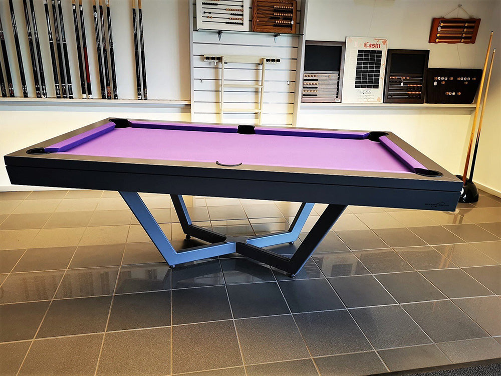 Luxury Prism pool table, purple cloth, black pool table. black pool table. Pool dining table. Pool Diner.