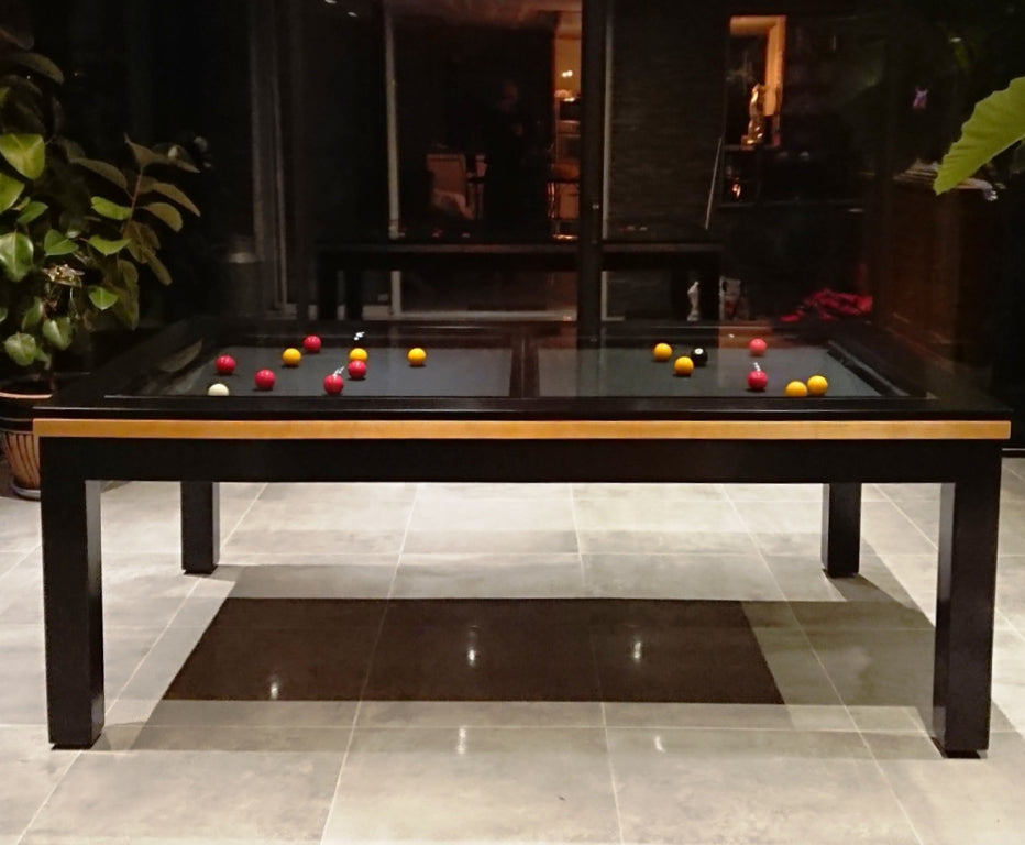 Luxury Nero Pool Table black legs and natural beech top rail. Glass cover in black.