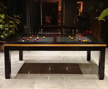 Luxury Nero Pool Table black legs and natural beech top rail. Glass cover in black.