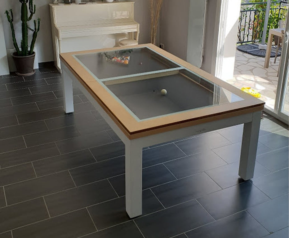 Luxury Nero white Pool Table with natural beech top rail. Natural beech glass cover.