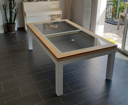 Luxury Nero white Pool Table with natural beech top rail. Natural beech glass cover.