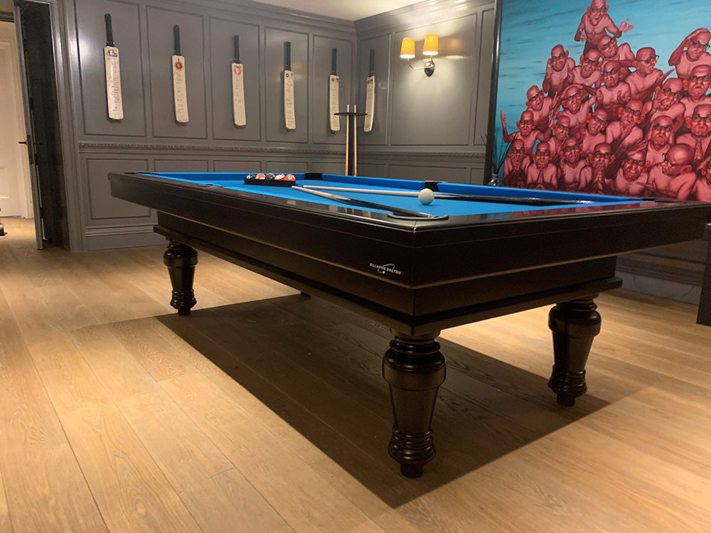 Elegant Pacha Pool Table in Black with electric blue cloth