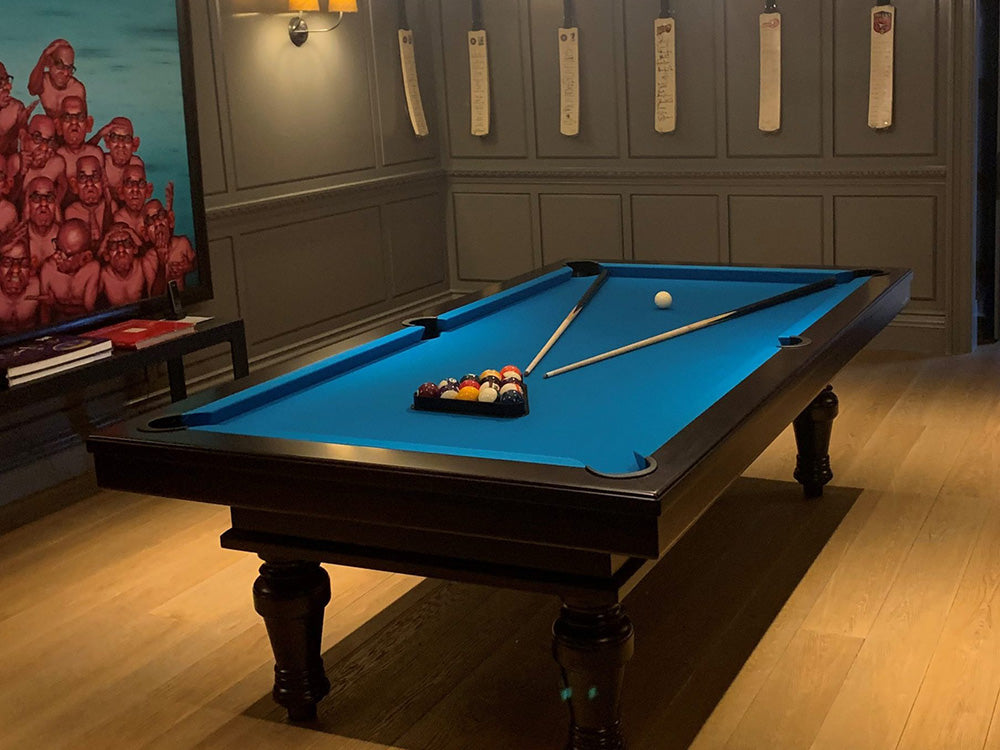Reverse angle Pacha Pool Table in Black with electric blue cloth