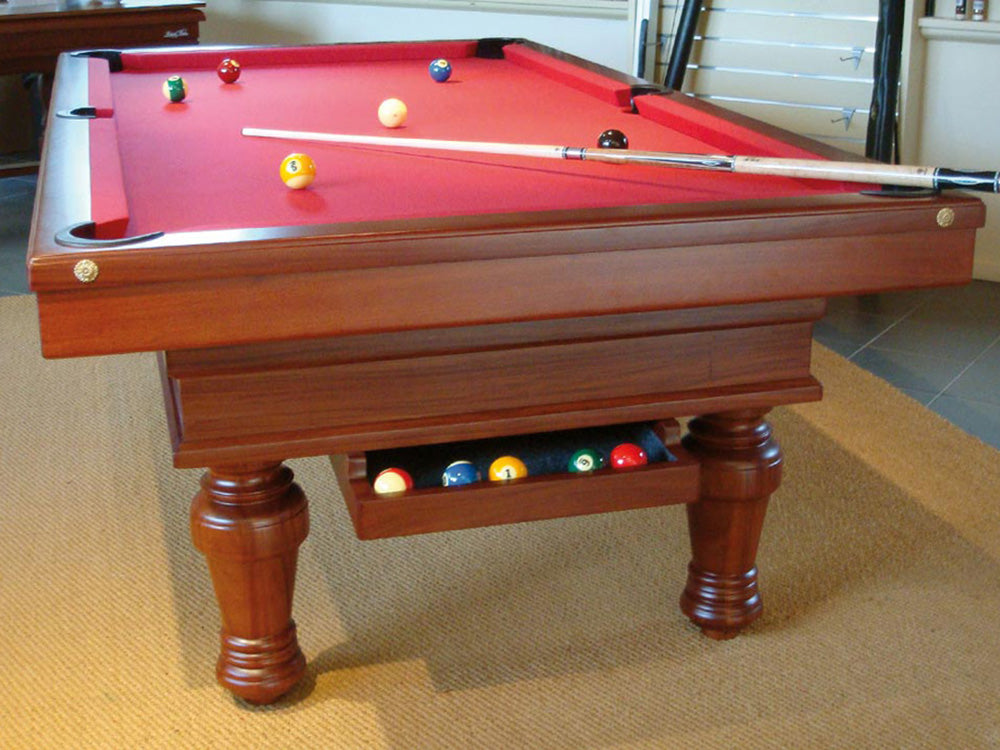 Pacha Pool Table in dark wood with red cloth. Pool table reservoir.